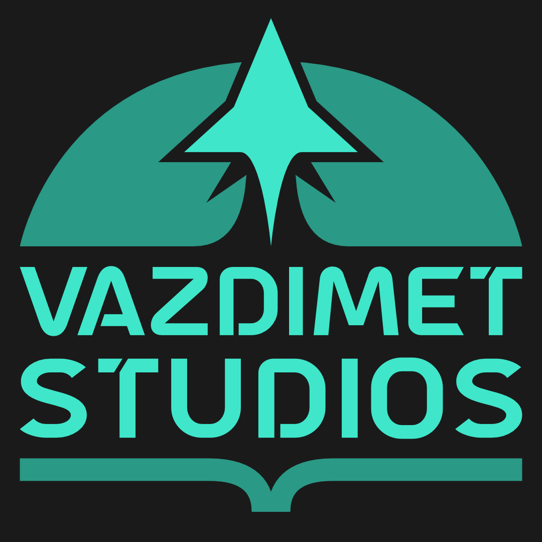 A turquoise logo depicting the arch of a planet, with a minimalist rocket ship launching and escaping orbit. Beneath the planet are the words 'VAZDIMET STUDIOS' in rounded, sleek text. Under this is a decorative line curved at the middle to give the appearance of an open book, viewed from the side.